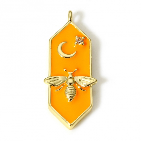 Picture of 1 Piece Brass Charms 18K Real Gold Plated Orange Bee Animal Moon Star Enamel Clear Cubic Zirconia 24mm x 8mm