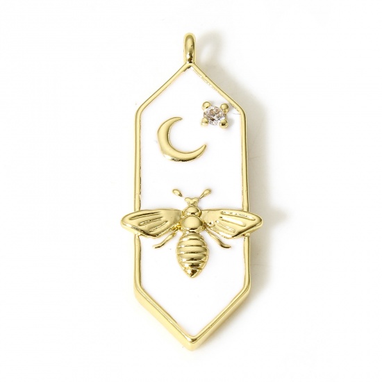 Picture of 1 Piece Brass Charms 18K Real Gold Plated White Bee Animal Moon Star Enamel Clear Cubic Zirconia 24mm x 8mm