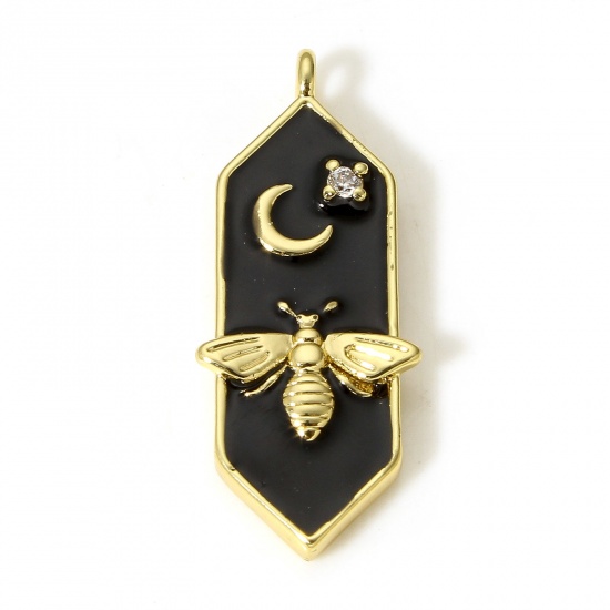 Picture of 1 Piece Brass Charms 18K Real Gold Plated Black Bee Animal Moon Star Enamel Clear Cubic Zirconia 24mm x 8mm