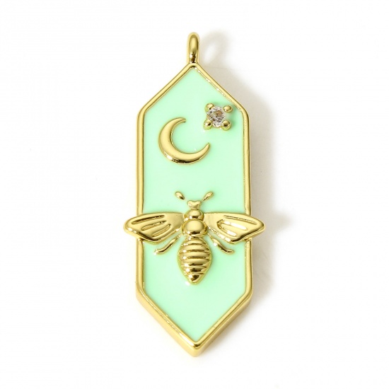 Picture of 1 Piece Brass Charms 18K Real Gold Plated Mint Green Bee Animal Moon Star Enamel Clear Cubic Zirconia 24mm x 8mm