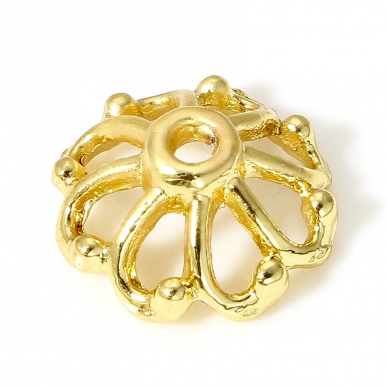 Picture of 10 PCs Brass Beads Caps Flower 18K Real Gold Plated Hollow (Fit 14mm Bead) 10mm x 10mm                                                                                                                                                                        