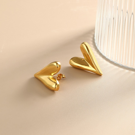1 ペア エコフレンドリー ファッション おしゃれ バレンタイン・デー リアルゴールドメッキ 304ステンレス鋼 ハート イヤリング 女性のため プレゼント 23mm x 18mm、 の画像