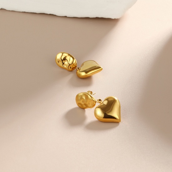 1 ペア エコフレンドリー ファッション おしゃれ バレンタイン・デー リアルゴールドメッキ 304ステンレス鋼 ハート イヤリング 女性のため プレゼント 32.5mm x 16mm、 の画像