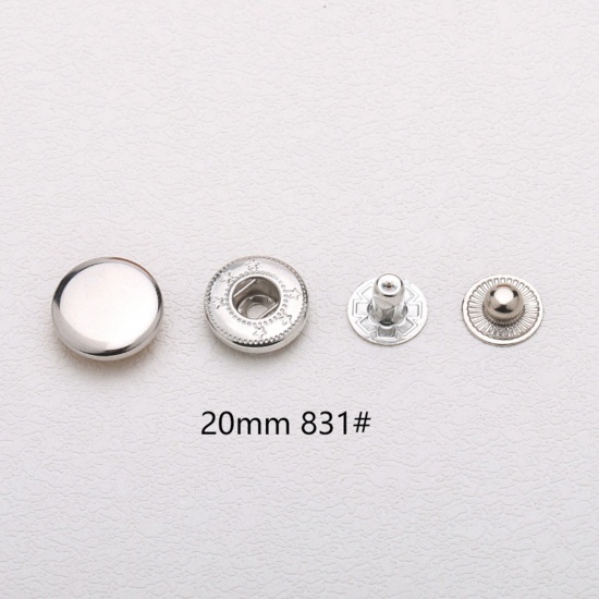 Picture of 10 Sets 831# Brass Metal Snap Fastener Buttons Silver Color Round 20mm Dia.