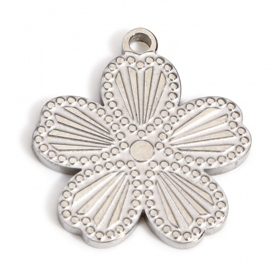 Picture of 1 Piece 304 Stainless Steel Stylish Charms Silver Tone Flower Streak 18mm x 16mm