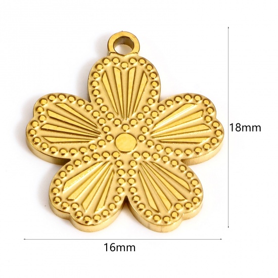 1 個 真空メッキ 304ステンレス鋼 おしゃれ チャーム フラワー 金メッキ 縞 18mm x 16mm、 の画像