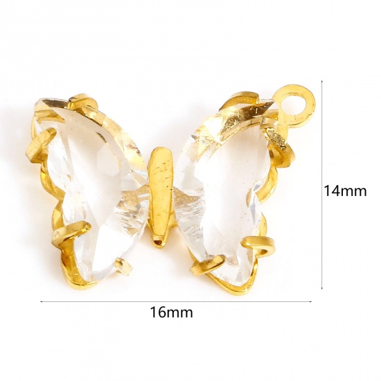 Picture of 1 Piece 304 Stainless Steel & Glass Birthstone Charms Gold Plated Transparent Clear Butterfly Animal 16mm x 14mm