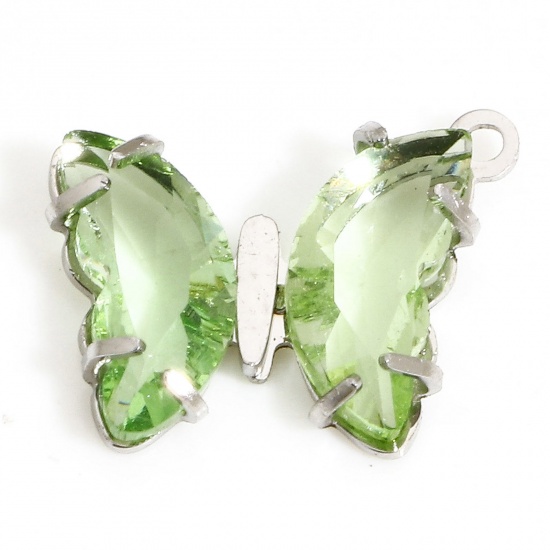 Picture of 1 Piece 304 Stainless Steel & Glass Birthstone Charms Silver Tone Emerald Green Butterfly Animal 16mm x 14mm