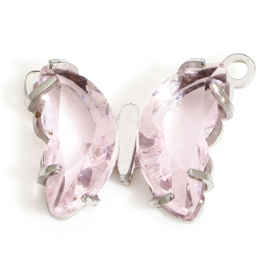 Picture of 1 Piece 304 Stainless Steel & Glass Birthstone Charms Silver Tone Pink Butterfly Animal 16mm x 14mm