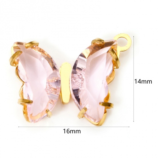 Picture of 1 Piece 304 Stainless Steel & Glass Birthstone Charms Gold Plated Pink Butterfly Animal 16mm x 14mm