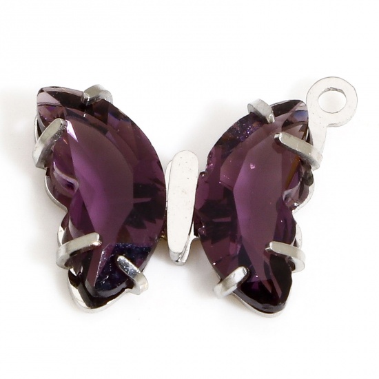 Picture of 1 Piece 304 Stainless Steel & Glass Birthstone Charms Silver Tone Purple Butterfly Animal 16mm x 14mm