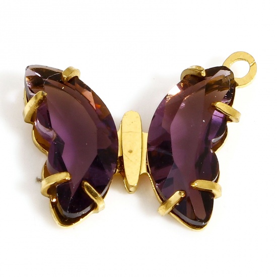 Picture of 1 Piece 304 Stainless Steel & Glass Birthstone Charms Gold Plated Purple Butterfly Animal 16mm x 14mm