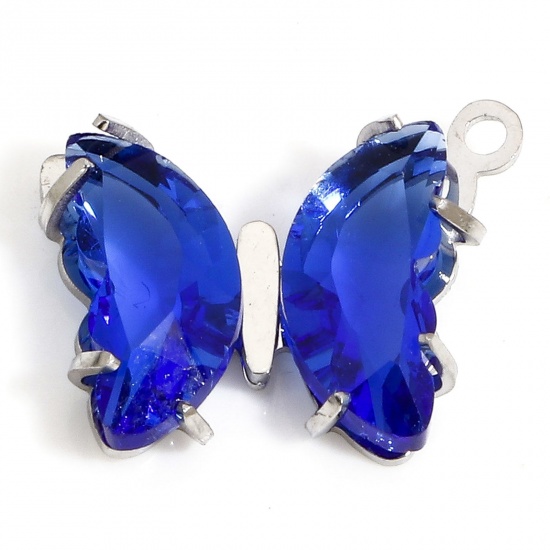 Picture of 1 Piece 304 Stainless Steel & Glass Birthstone Charms Silver Tone Royal Blue Butterfly Animal 16mm x 14mm