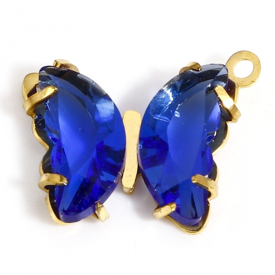 Picture of 1 Piece 304 Stainless Steel & Glass Birthstone Charms Gold Plated Royal Blue Butterfly Animal 16mm x 14mm