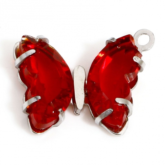 Picture of 1 Piece 304 Stainless Steel & Glass Birthstone Charms Silver Tone Red Butterfly Animal 16mm x 14mm