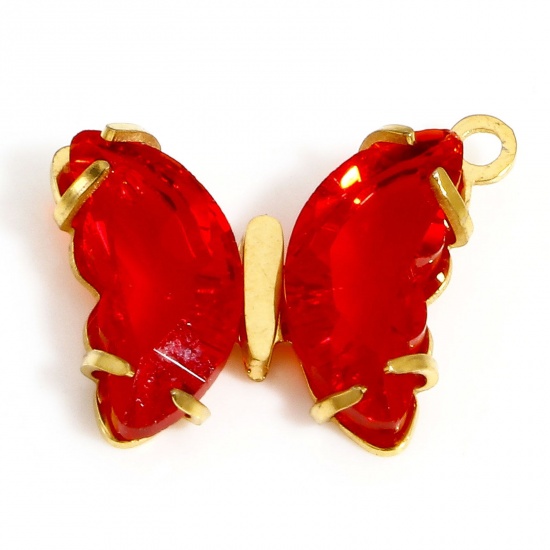 Picture of 1 Piece 304 Stainless Steel & Glass Birthstone Charms Gold Plated Red Butterfly Animal 16mm x 14mm