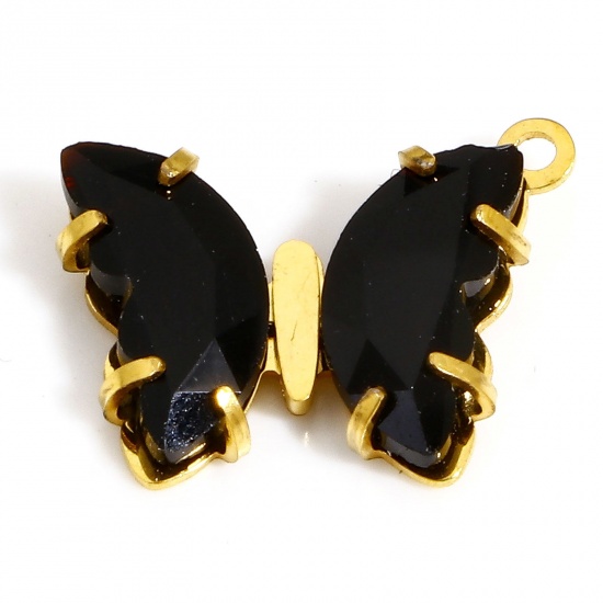 Picture of 1 Piece 304 Stainless Steel & Glass Birthstone Charms Gold Plated Black Butterfly Animal 16mm x 14mm