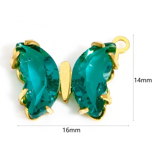 Picture of 1 Piece 304 Stainless Steel & Glass Birthstone Charms Gold Plated Green Butterfly Animal 16mm x 14mm
