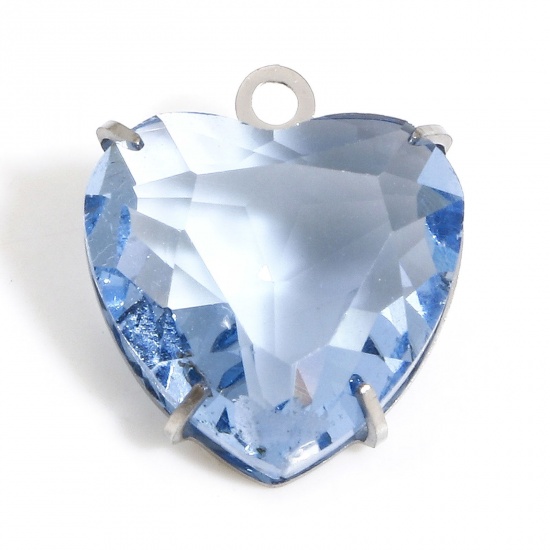 Picture of 1 Piece 304 Stainless Steel & Glass Birthstone Charms Silver Tone Light Blue Heart 14mm x 12mm