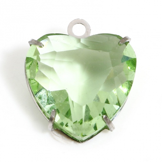 Picture of 1 Piece 304 Stainless Steel & Glass Birthstone Charms Silver Tone Emerald Green Heart 14mm x 12mm