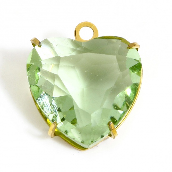 Picture of 1 Piece 304 Stainless Steel & Glass Birthstone Charms Gold Plated Emerald Green Heart 14mm x 12mm
