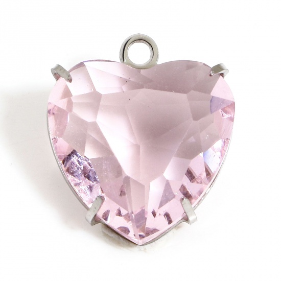 Picture of 1 Piece 304 Stainless Steel & Glass Birthstone Charms Silver Tone Pink Heart 14mm x 12mm