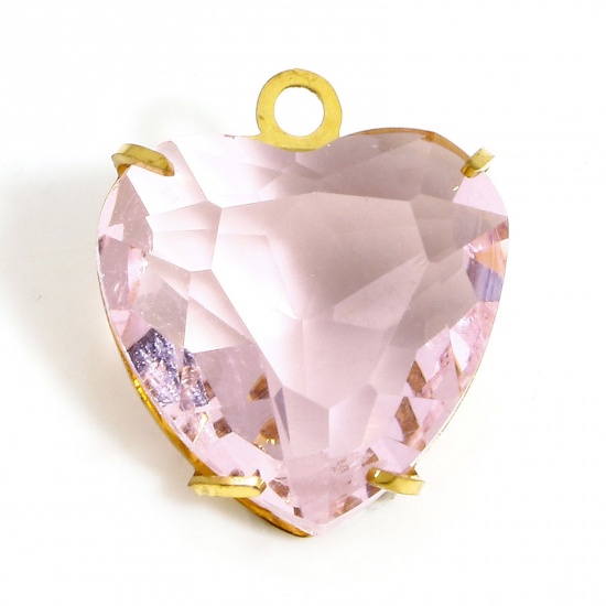 Picture of 1 Piece 304 Stainless Steel & Glass Birthstone Charms Gold Plated Pink Heart 14mm x 12mm