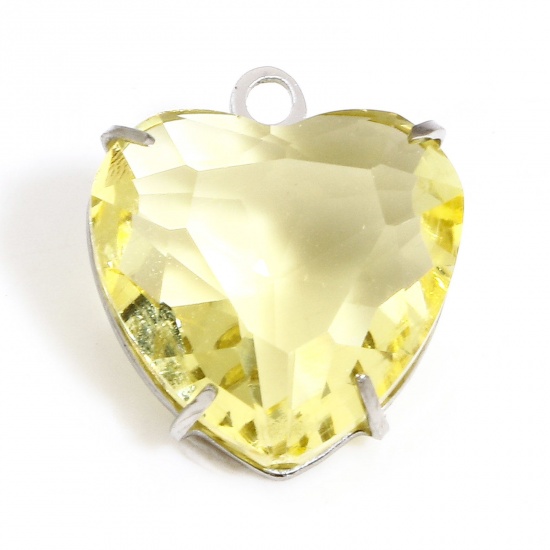 Picture of 1 Piece 304 Stainless Steel & Glass Birthstone Charms Silver Tone Yellow Heart 14mm x 12mm