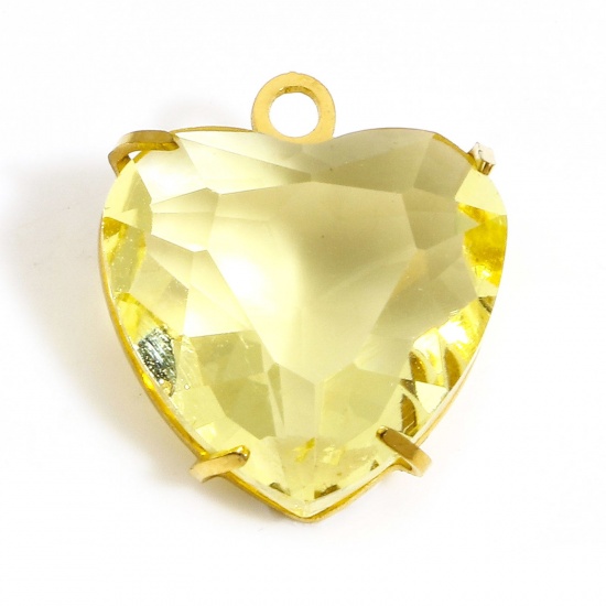 Picture of 1 Piece 304 Stainless Steel & Glass Birthstone Charms Gold Plated Yellow Heart 14mm x 12mm