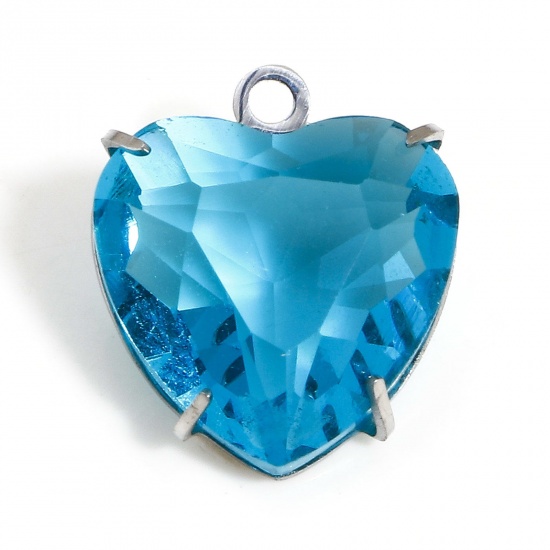 Bild von 1 Stück 304 Edelstahl & Glas Monatsstein Charms Herz Silberfarbe Wasserblau 14mm x 12mm