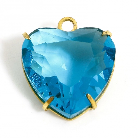 Picture of 1 Piece 304 Stainless Steel & Glass Birthstone Charms Gold Plated Aqua Blue Heart 14mm x 12mm