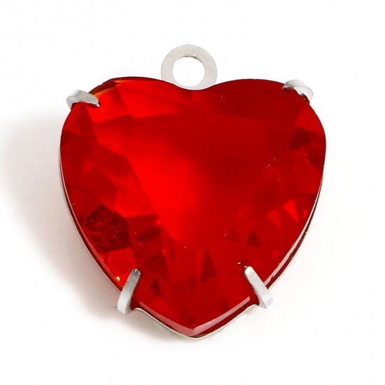 Picture of 1 Piece 304 Stainless Steel & Glass Birthstone Charms Silver Tone Red Heart 14mm x 12mm
