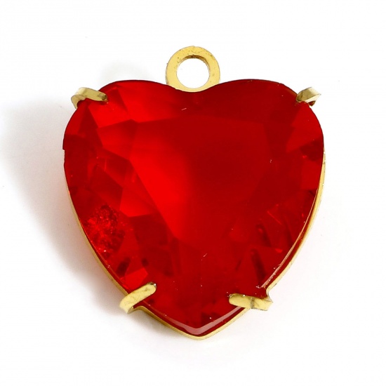 Bild von 1 Stück 304 Edelstahl & Glas Monatsstein Charms Herz Vergoldet Rot 14mm x 12mm