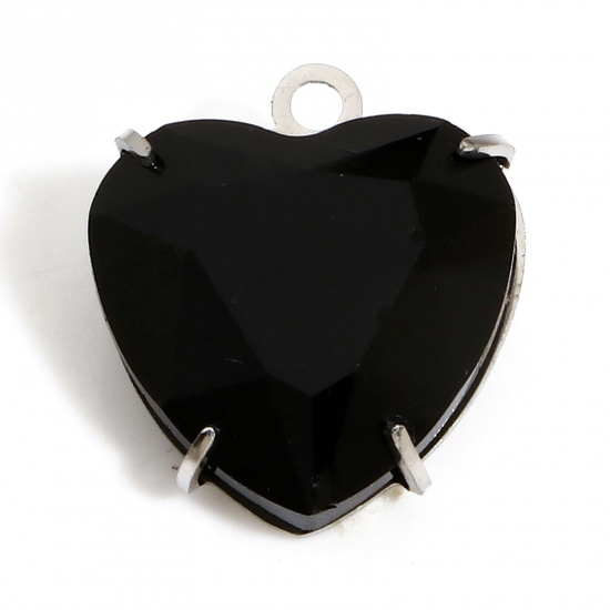 Picture of 1 Piece 304 Stainless Steel & Glass Birthstone Charms Silver Tone Black Heart 14mm x 12mm