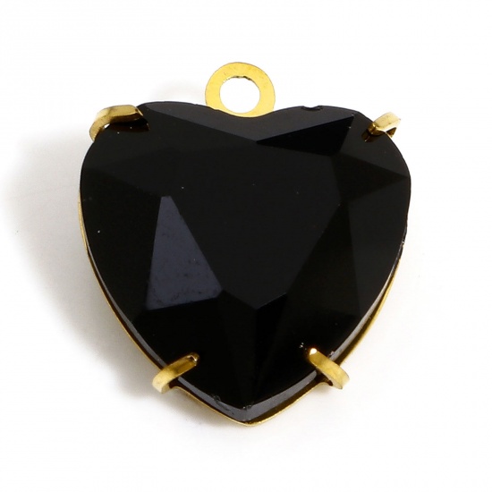 Picture of 1 Piece 304 Stainless Steel & Glass Birthstone Charms Gold Plated Black Heart 14mm x 12mm