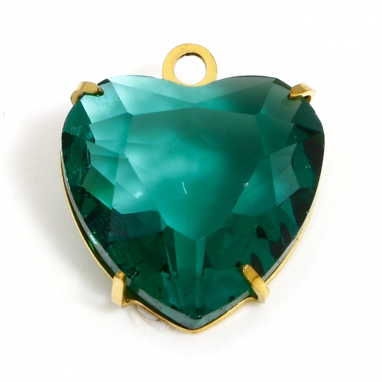 Picture of 1 Piece 304 Stainless Steel & Glass Birthstone Charms Gold Plated Green Heart 14mm x 12mm