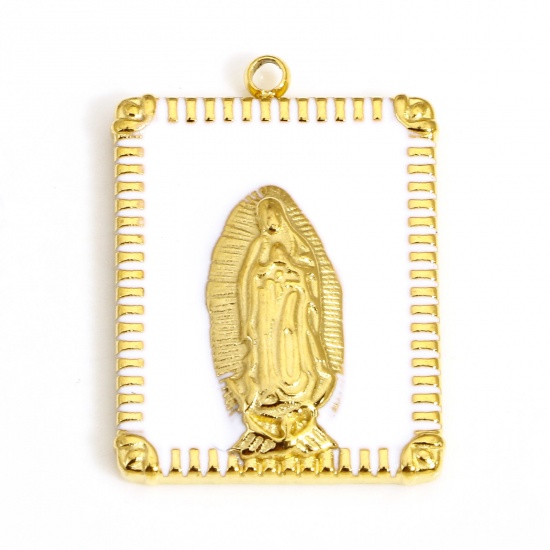 Picture of 1 Piece 304 Stainless Steel Religious Charms Gold Plated White Rectangle Virgin Mary Enamel 22.5mm x 16.5mm