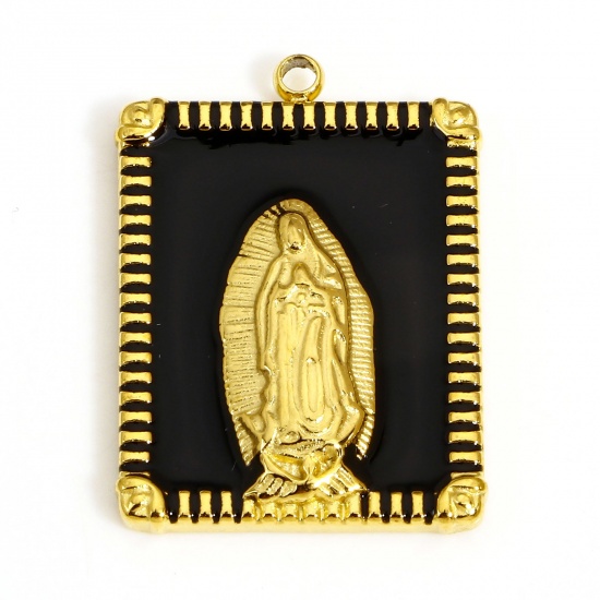Picture of 1 Piece 304 Stainless Steel Religious Charms Gold Plated Black Rectangle Virgin Mary Enamel 22.5mm x 16.5mm