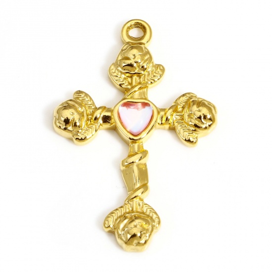 Picture of 1 Piece 304 Stainless Steel Religious Pendants Gold Plated Cross Pink Rhinestone 30.5mm x 20mm