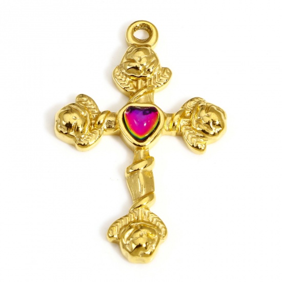 Picture of 1 Piece 304 Stainless Steel Religious Pendants Gold Plated Cross Purple Rhinestone 30.5mm x 20mm