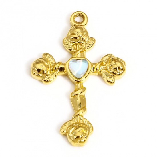 Picture of 1 Piece 304 Stainless Steel Religious Pendants Gold Plated Cross White Rhinestone 30.5mm x 20mm