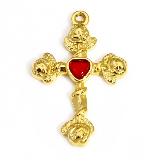 Picture of 1 Piece 304 Stainless Steel Religious Pendants Gold Plated Cross Red Rhinestone 30.5mm x 20mm