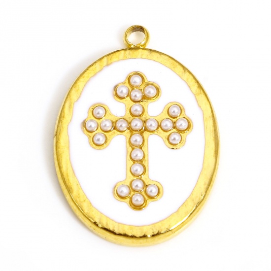 Picture of 1 Piece 304 Stainless Steel & Acrylic Religious Charms Gold Plated White Oval Cross Imitation Pearl 20.5mm x 14.5mm
