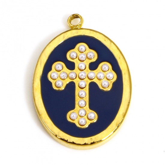Picture of 1 Piece 304 Stainless Steel & Acrylic Religious Charms Gold Plated Dark Blue Oval Cross Imitation Pearl 20.5mm x 14.5mm
