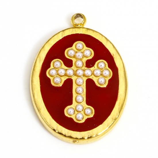 Picture of 1 Piece 304 Stainless Steel & Acrylic Religious Charms Gold Plated Red Oval Cross Imitation Pearl 20.5mm x 14.5mm
