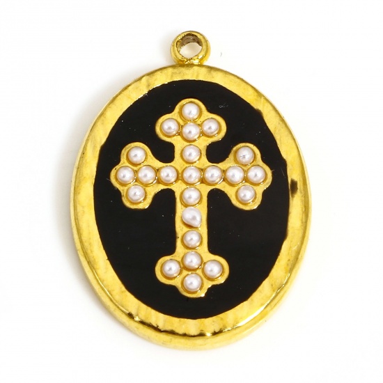 Picture of 1 Piece 304 Stainless Steel & Acrylic Religious Charms Gold Plated Black Oval Cross Imitation Pearl 20.5mm x 14.5mm