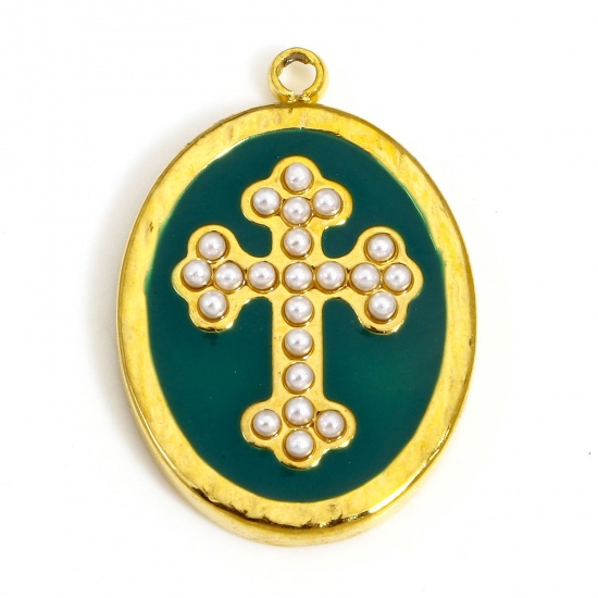 Picture of 1 Piece 304 Stainless Steel & Acrylic Religious Charms Gold Plated Green Oval Cross Imitation Pearl 20.5mm x 14.5mm