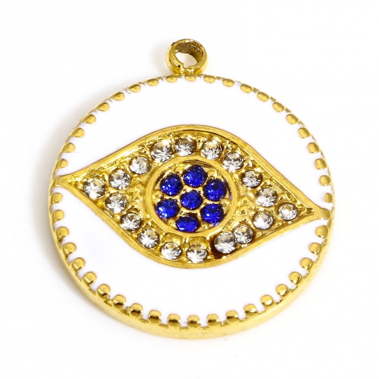Picture of 1 Piece 304 Stainless Steel Religious Disc Charms Gold Plated White Round Evil Eye Enamel Royal Blue & Transparent Rhinestone 18.5mm x 16mm