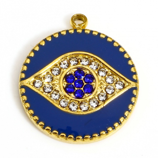 Picture of 1 Piece 304 Stainless Steel Religious Disc Charms Gold Plated Blue Round Evil Eye Enamel Royal Blue & Transparent Rhinestone 18.5mm x 16mm