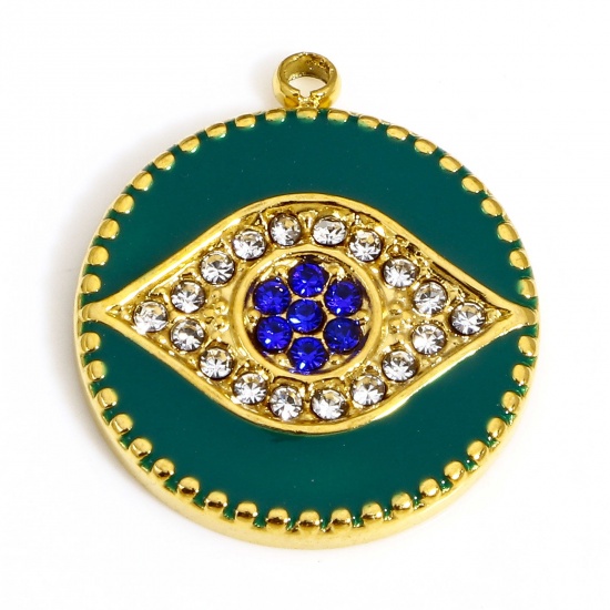 Picture of 1 Piece 304 Stainless Steel Religious Disc Charms Gold Plated Green Round Evil Eye Enamel Royal Blue & Transparent Rhinestone 18.5mm x 16mm